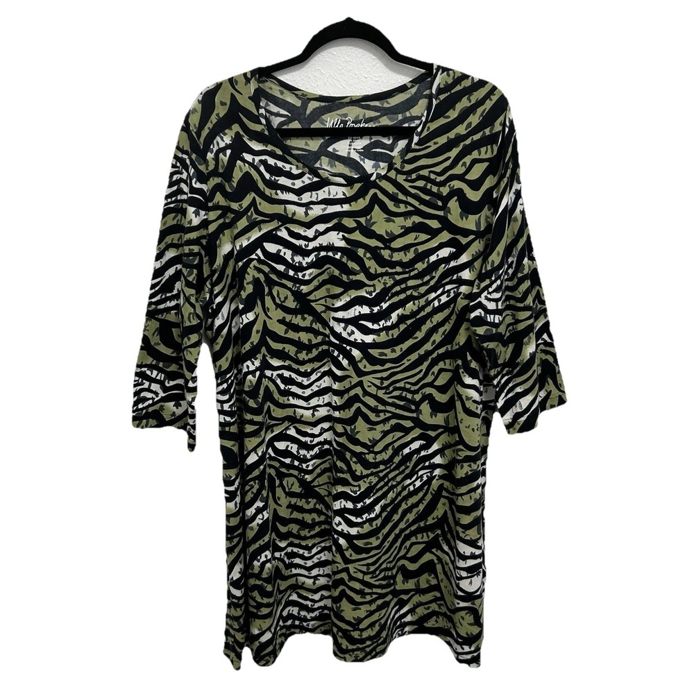 Ulla Popken 3/4 Sleeve Tunic Top Blouse Zebra Print Green Black Size 16/18 Boho